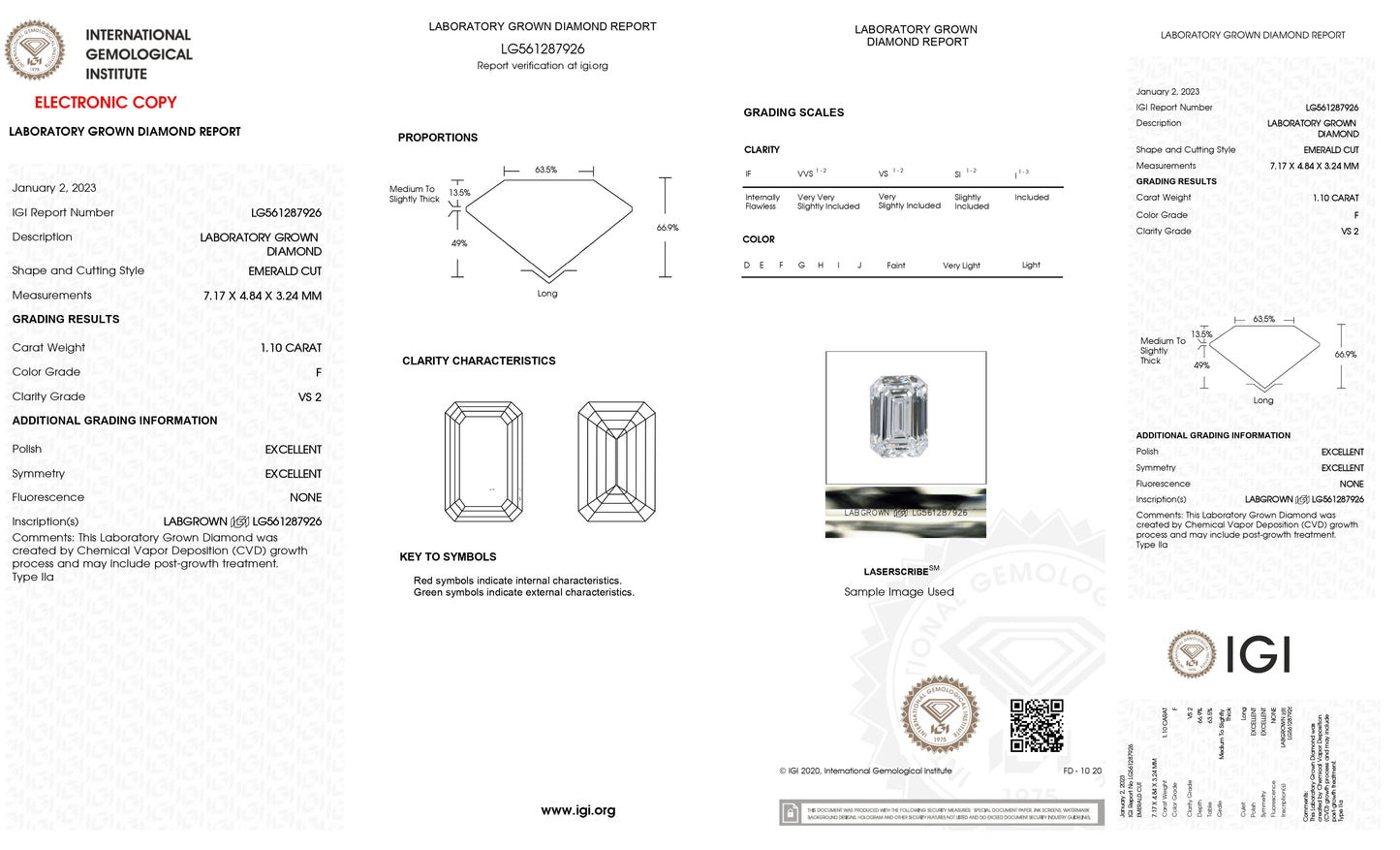 Lab Grown 1.10 Ct EMERALD Cut IGI Certified CVD Diamond F Color VS2 Clarity