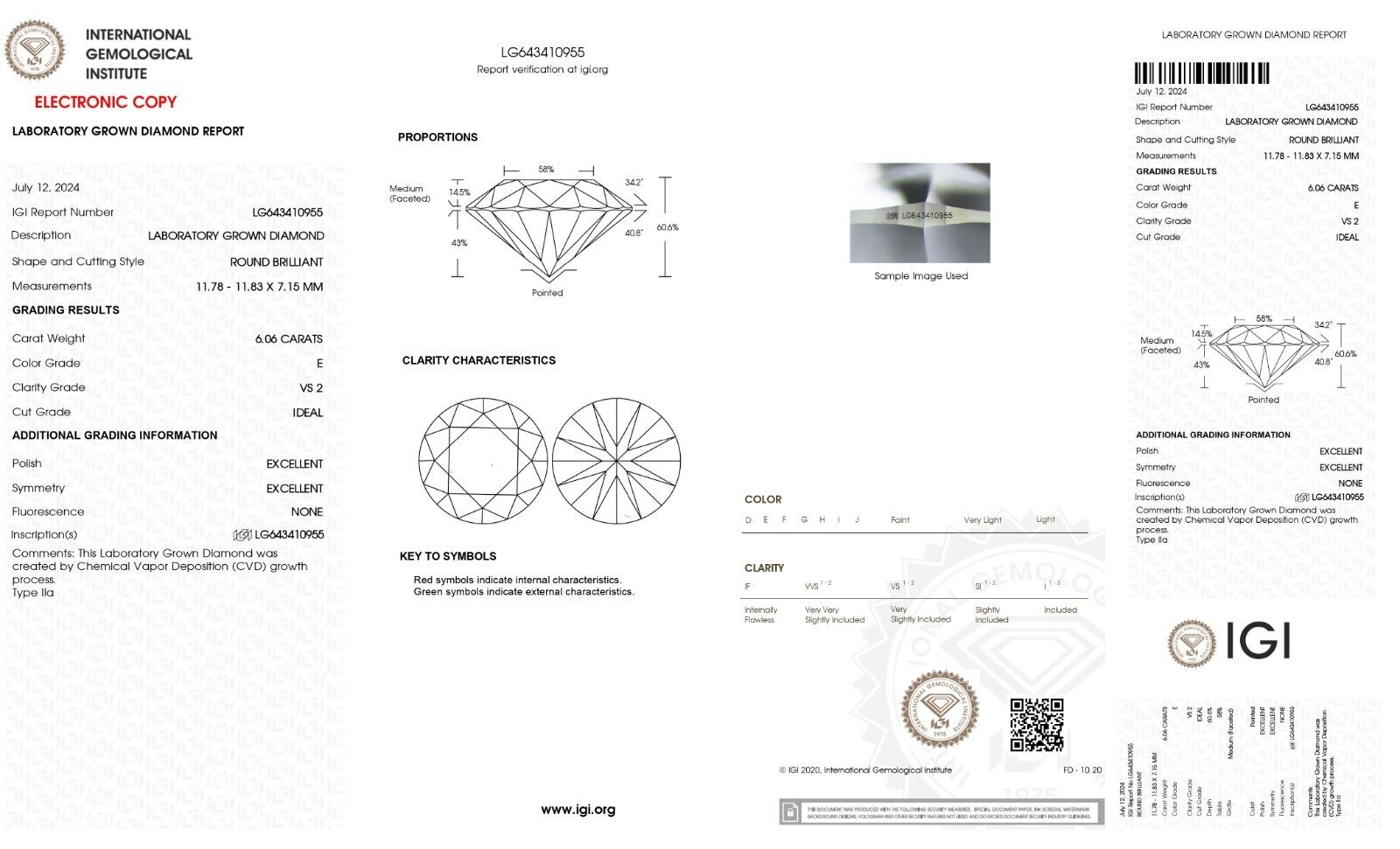 Lab Grown 6.06 Cts ROUND Cut IGI Certified CVD Diamond E Color VS2 Clarity STONE