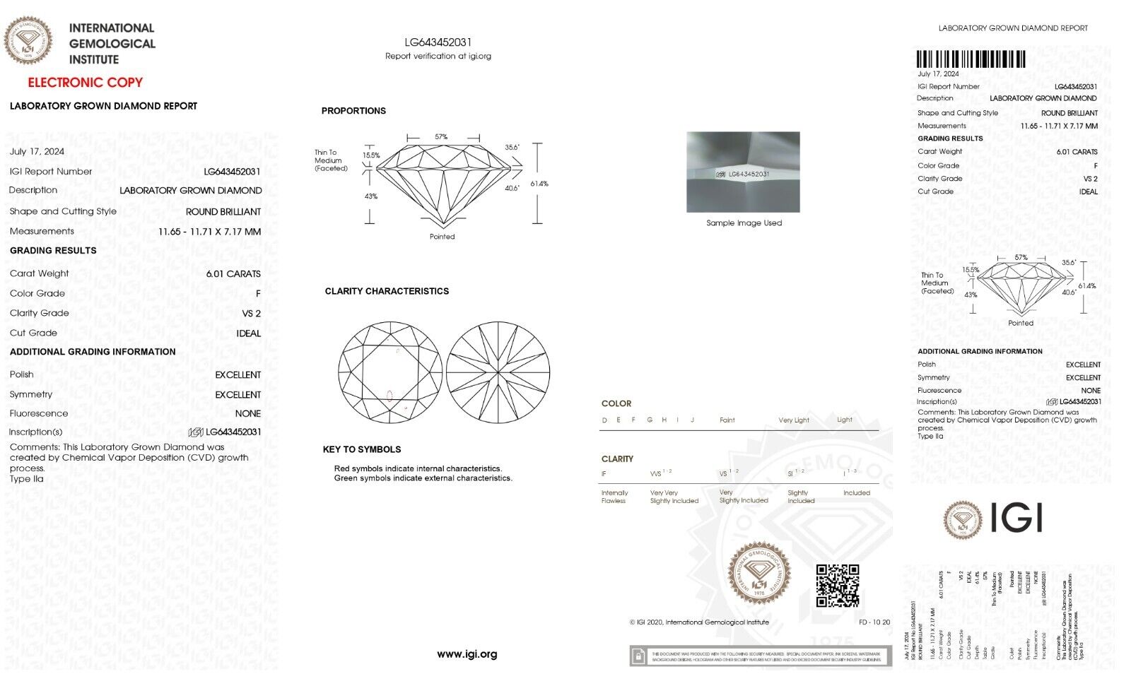 Lab Grown 6.01 Cts ROUND Cut IGI Certified CVD Diamond F Color VS2 Clarity STONE