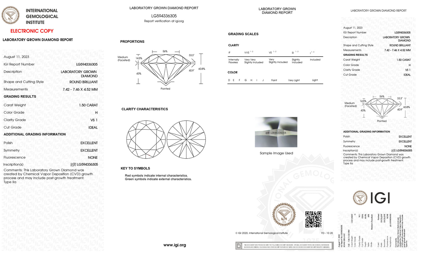 Lab Grown 1.50 Ct ROUND Cut IGI Certified CVD Diamond H Color VS1 Clarity
