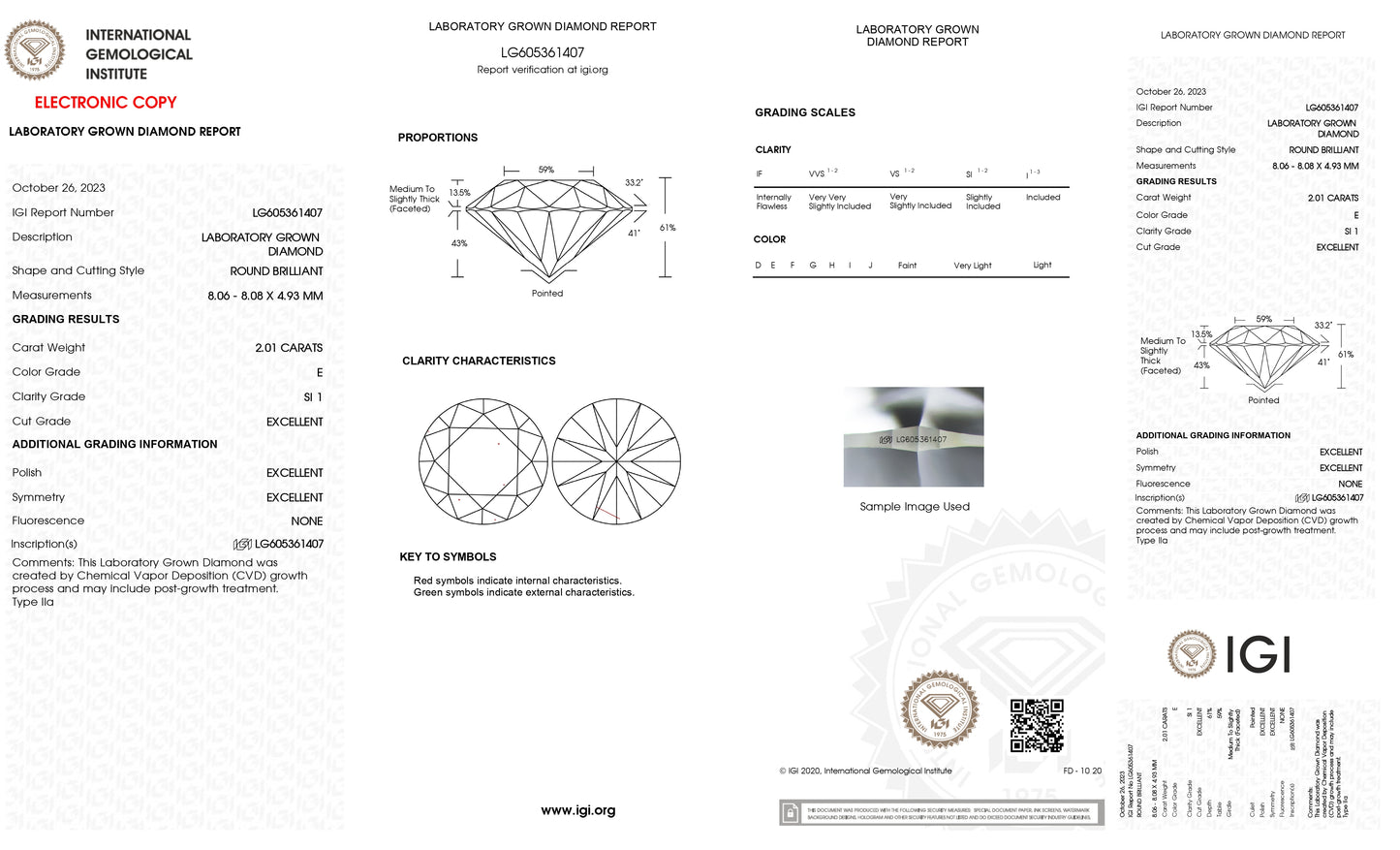 Lab Grown 2.01 Ct ROUND Cut IGI Certified CVD Diamond E Color SI1 Clarity