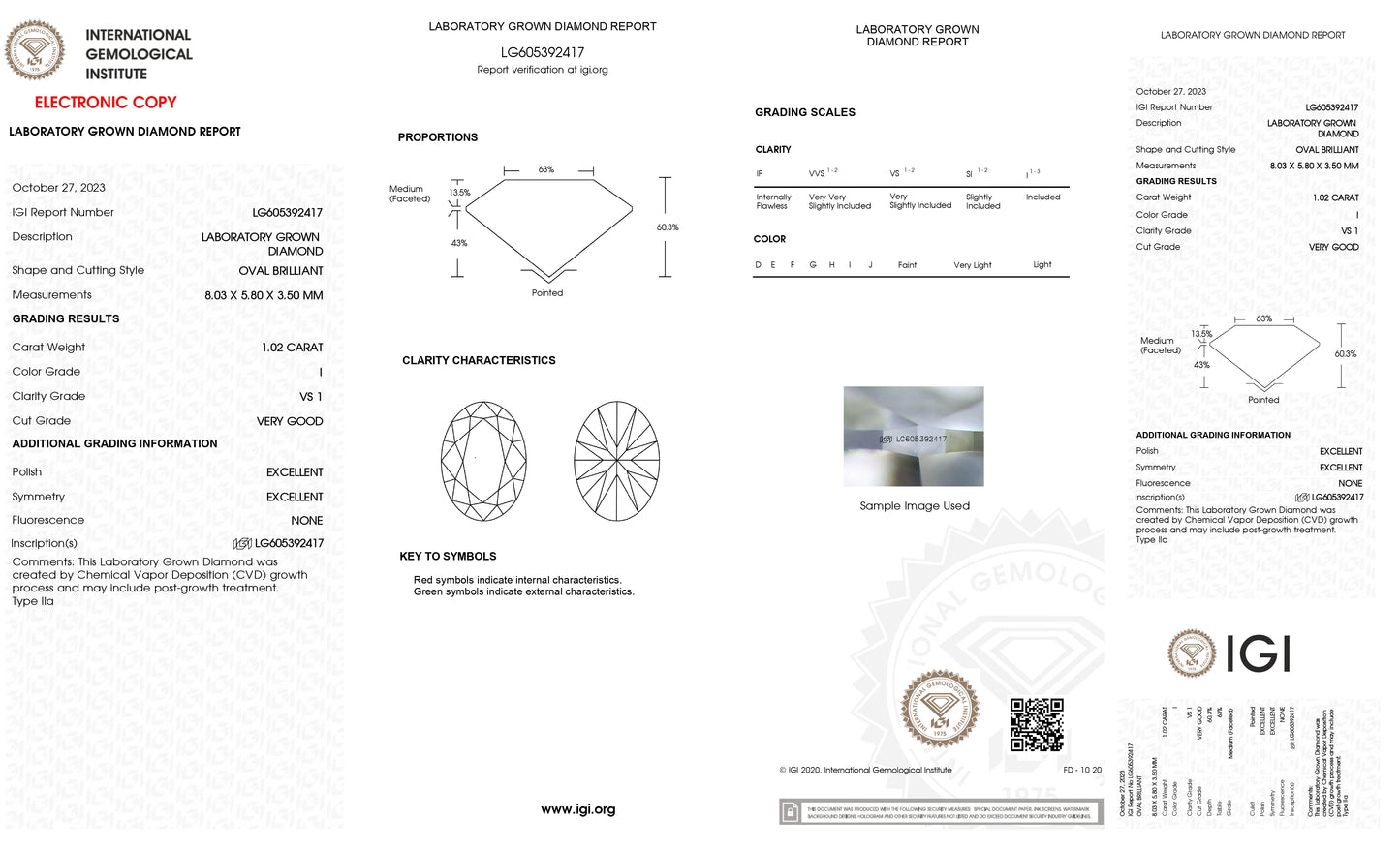 Lab Grown 1.02 Ct OVAL Cut IGI Certified CVD Diamond I Color VS1 Clarity