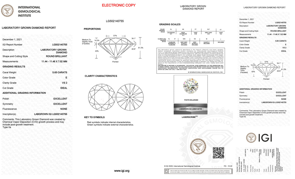 Lab Grown 5.65 Ct ROUND Cut IGI Certified CVD Diamond E Color VS2 Clarity