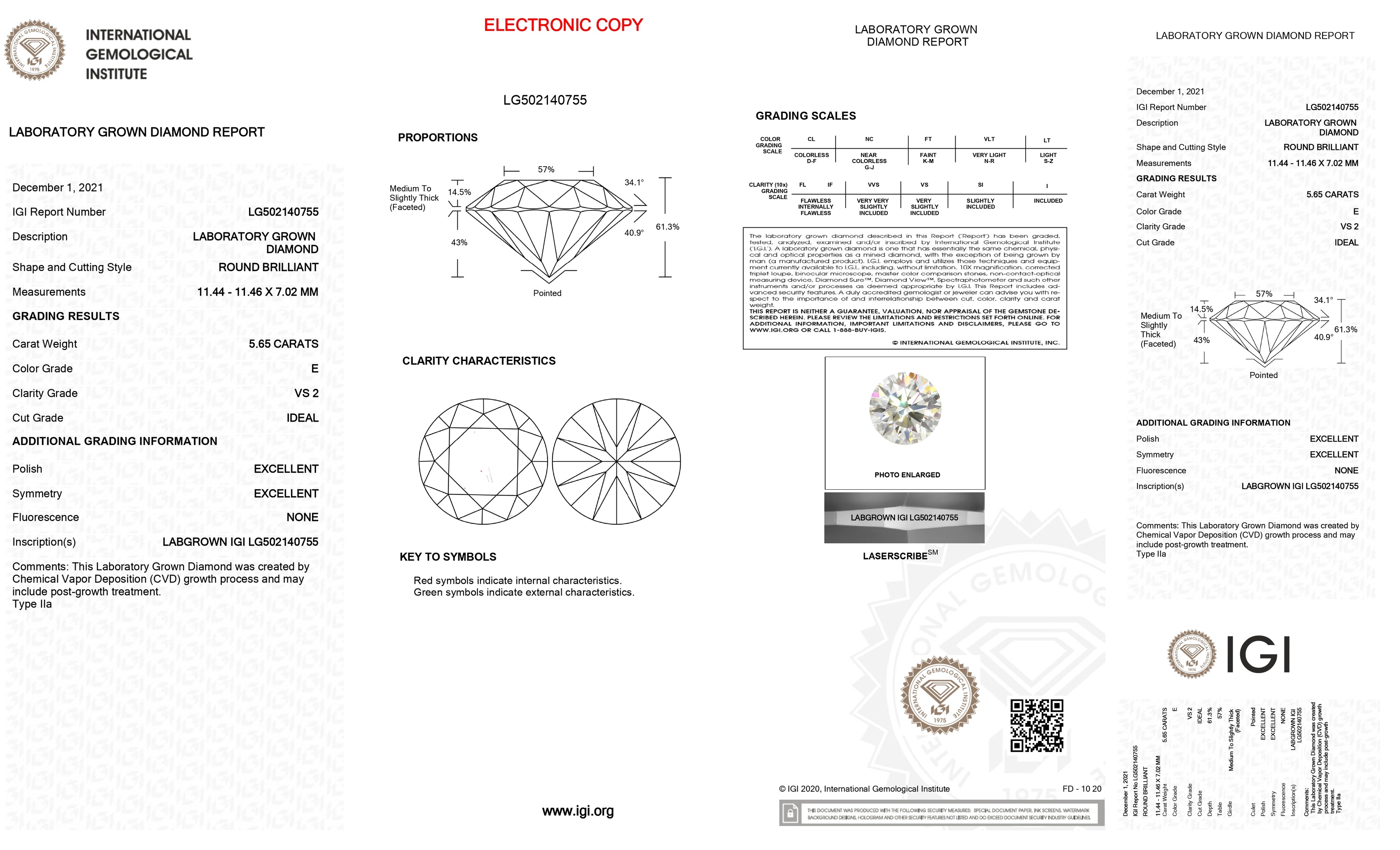 Lab Grown 5.65 Ct ROUND Cut IGI Certified CVD Diamond E Color VS2 Clarity