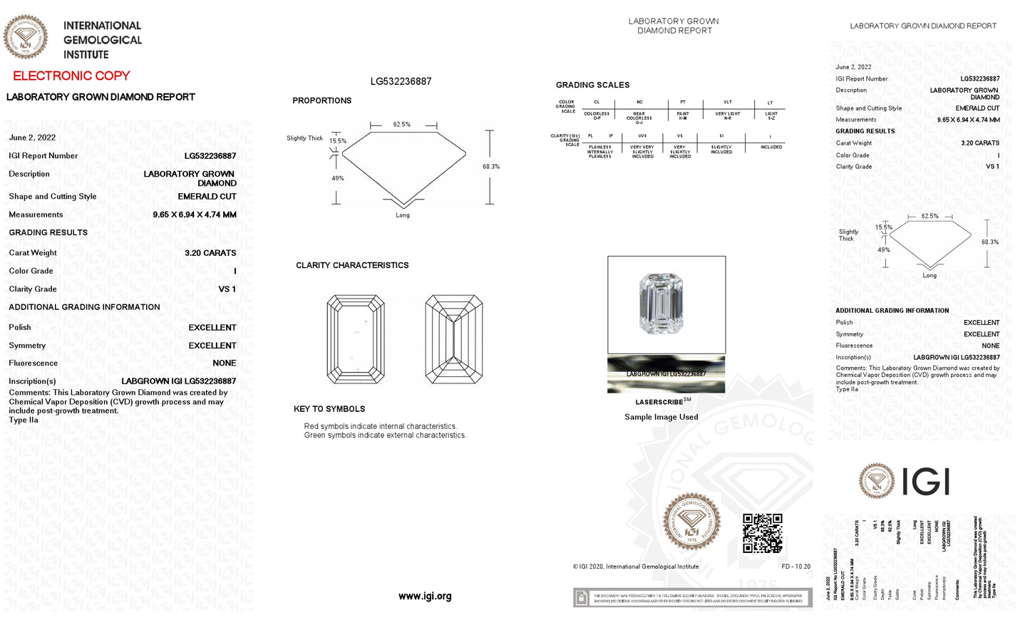Lab Grown 3.20 Ct EMERALD Cut IGI Certified CVD Diamond I Color VS1 Clarity