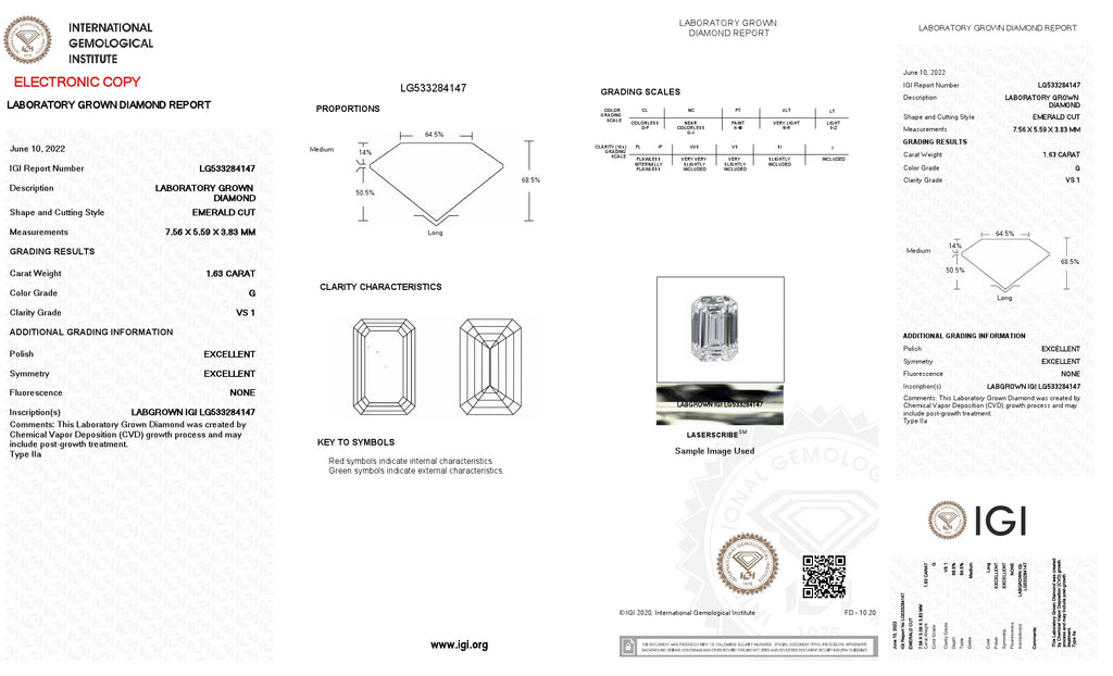 Lab Grown 1.63 Ct EMERALD Cut IGI Certified CVD Diamond G Color VS1 Clarity