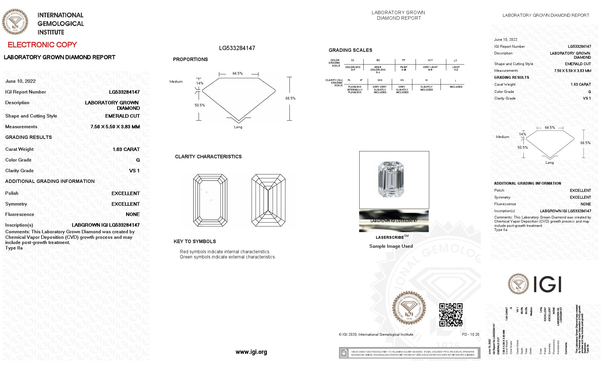 Lab Grown 1.63 Ct EMERALD Cut IGI Certified CVD Diamond G Color VS1 Clarity