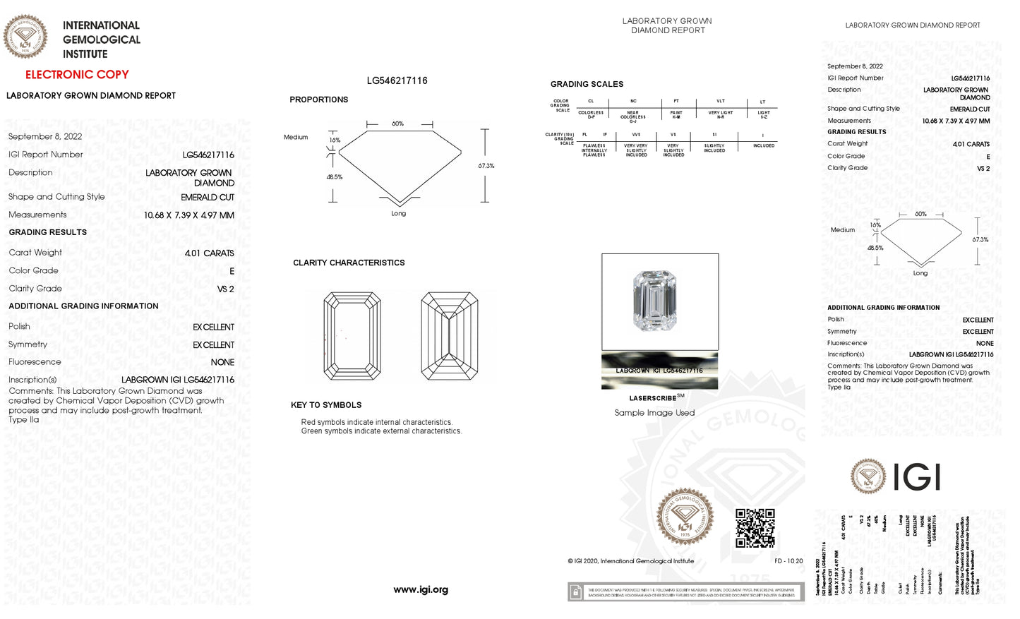 Lab Grown 4.01 Ct EMERALD Cut IGI Certified CVD Diamond E Color VS2 Clarity