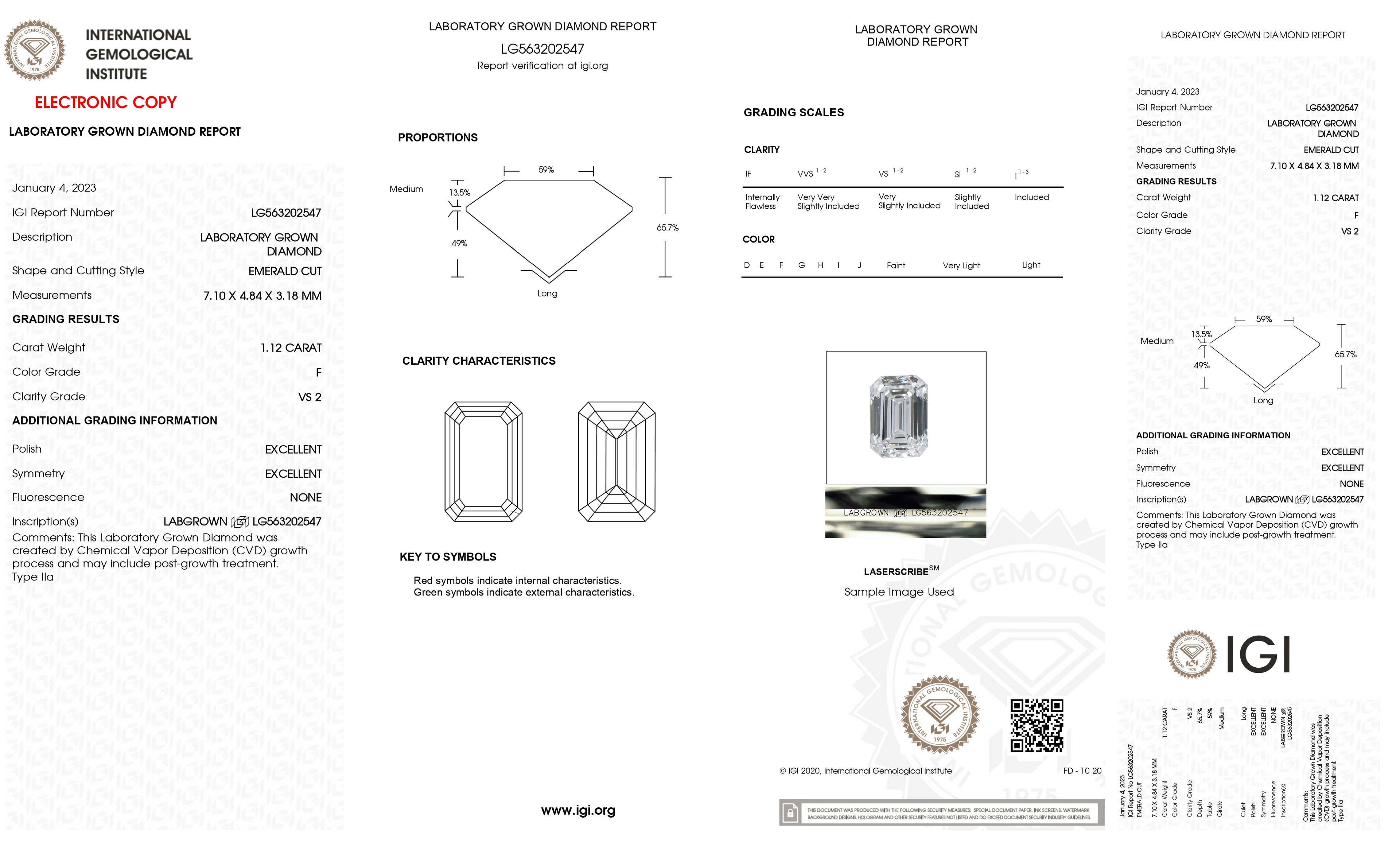 Lab Grown 1.12 Ct EMERALD Cut IGI Certified CVD Diamond F Color VS2 Clarity