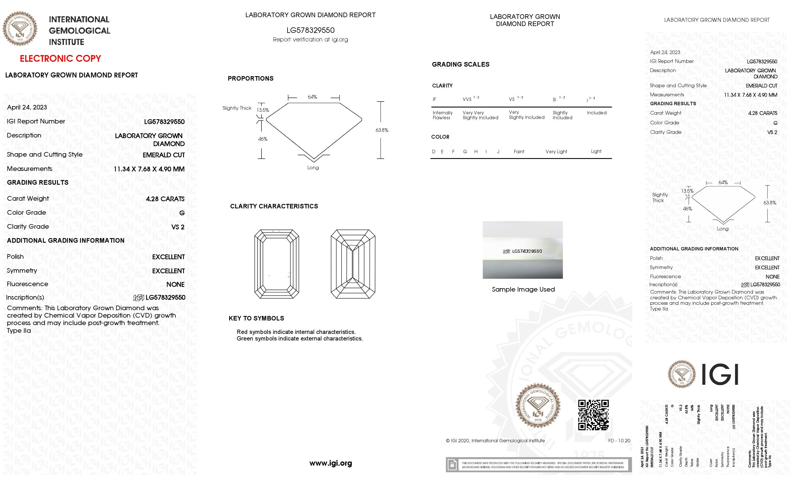 Lab Grown 4.28 Ct EMERALD Cut IGI Certified CVD Diamond G Color VS2 Clarity