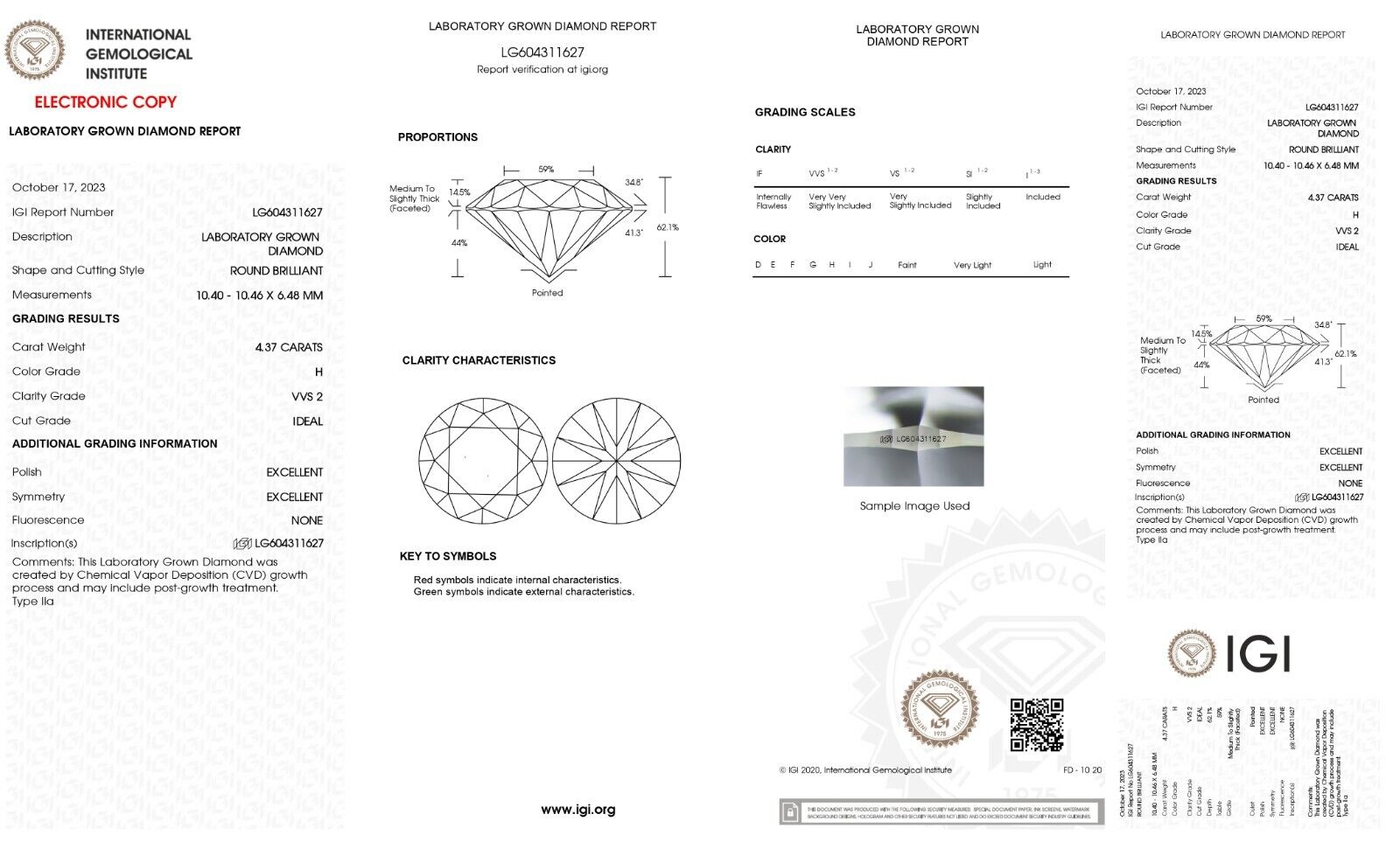 ROUND Cut 4.37 Ct Lab Grown IGI Certified CVD Diamond H Color VVS2 Clarity