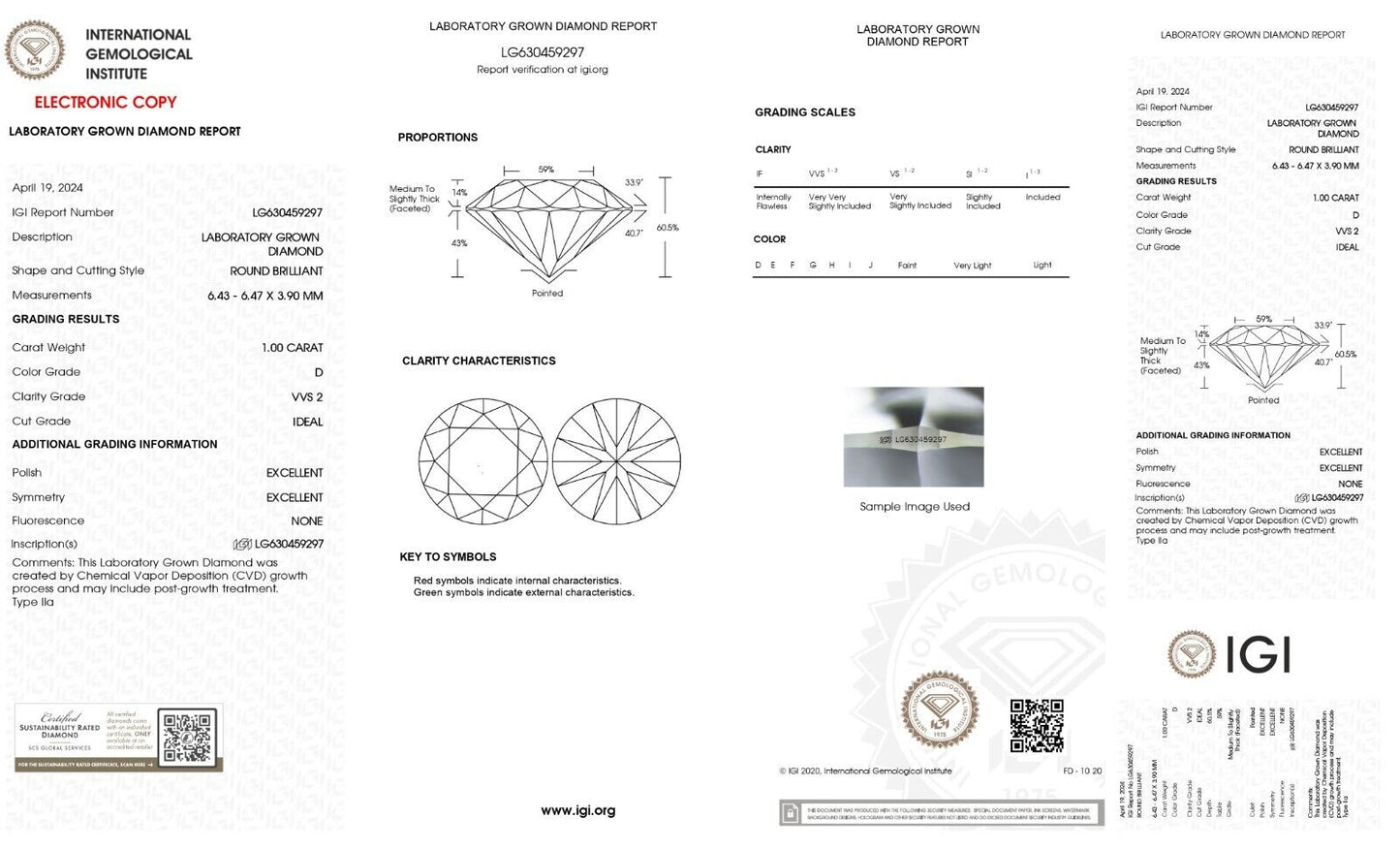 Round Excellent Cut 1.00 cts D VVS2 IGI Certified CVD Lab Grown Loose Diamonds