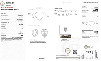 Loose Pear Cut 1.52 Cts LAB GROWN IGI Certified CVD Diamond E Color VS1 Clarity