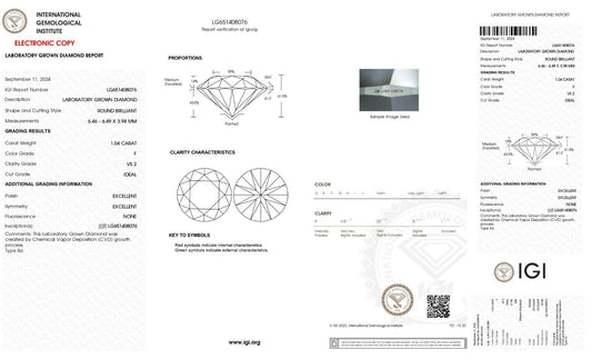 Lab Grown CVD Diamond F Color VS2 Clarity 1.04 Cts Round Cut IGI Certified