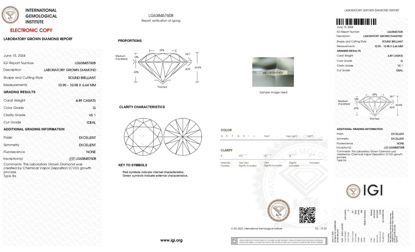 ROUND Cut 4.89 Ct Lab Grown IGI Certified CVD Diamond G Color VS1 Clarity