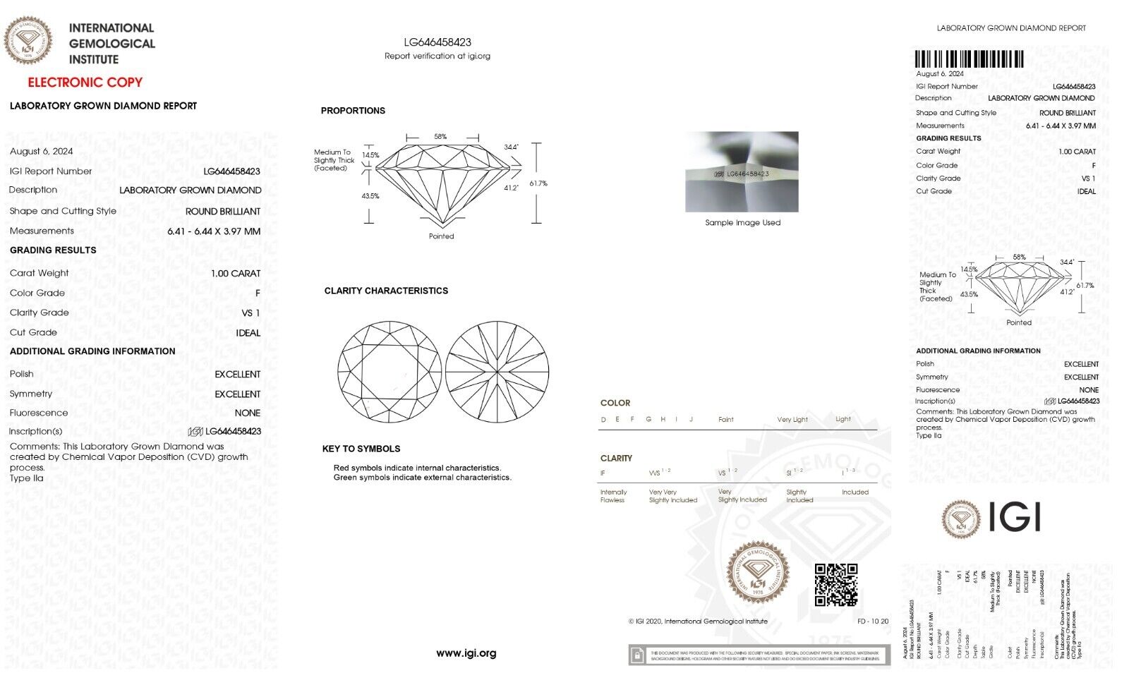 Round Cut 1.00 Cts IGI Certified Lab Grown CVD Diamond F Color VS1 Clarity