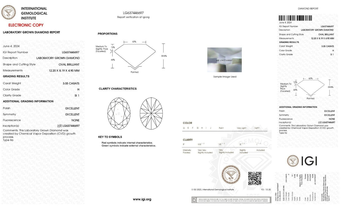 OVAL Cut 3.05 Cts IGI Certified Lab Grown CVD Diamond H Color SI1 Clarity STONE