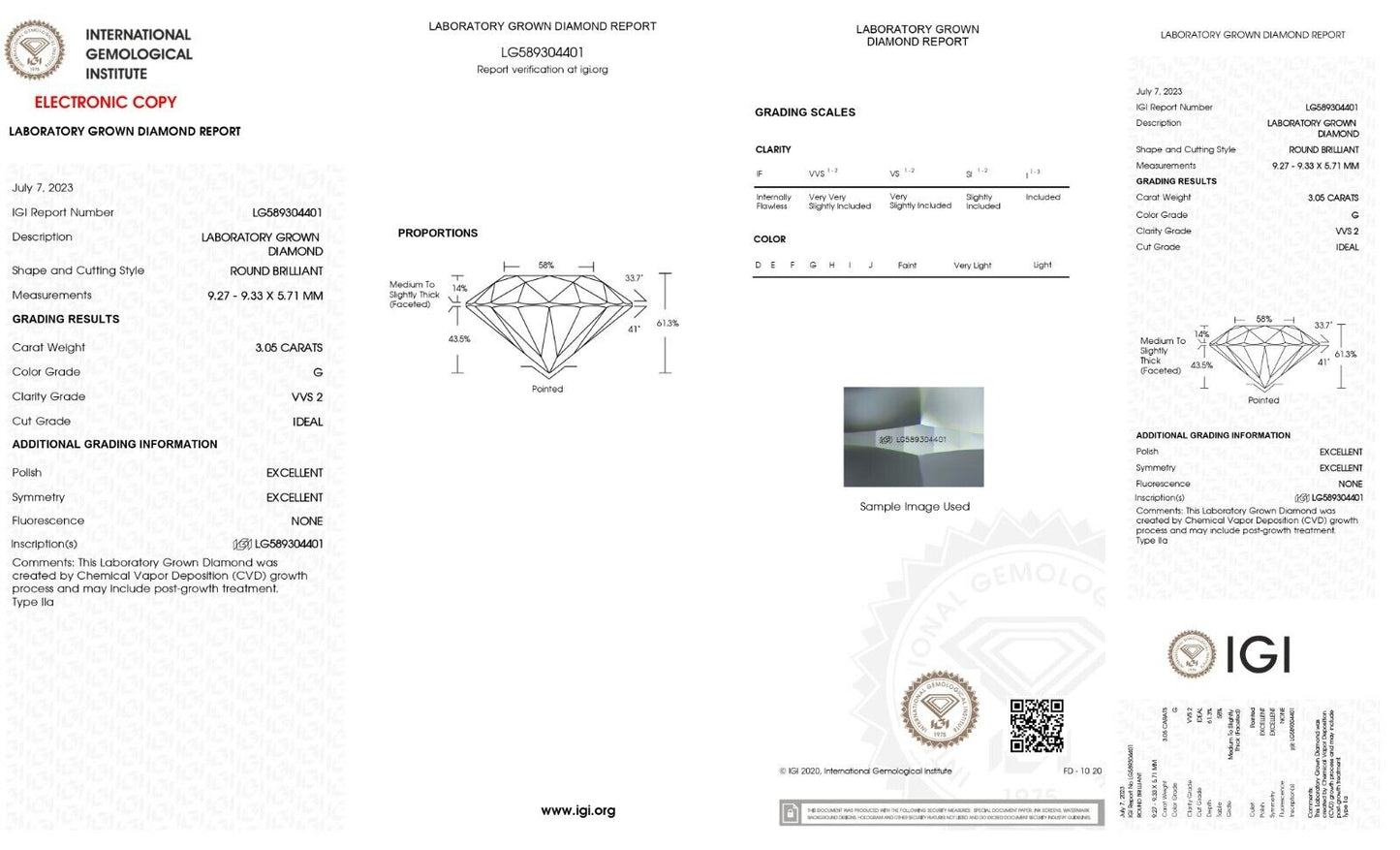 ROUND EXCELLENT CUT 3.05 Cts LAB GROWN G VVS2 IGI CERTIFIED CVD LOOSE DIAMOND