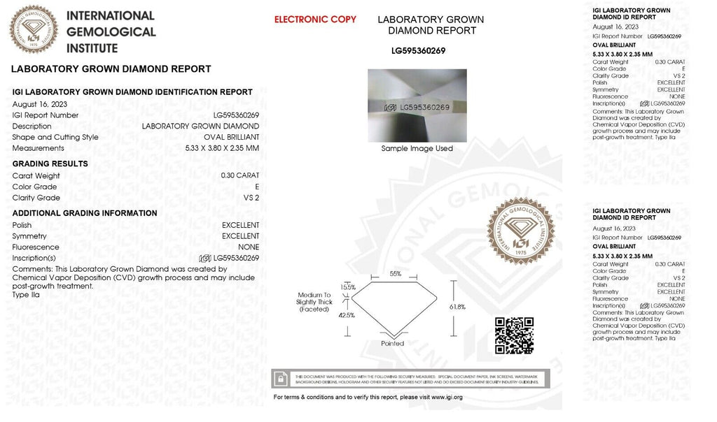 0.30 Ct OVAL Cut IGI Certified Lab Grown CVD Diamond E Color VS2 Clarity STONE