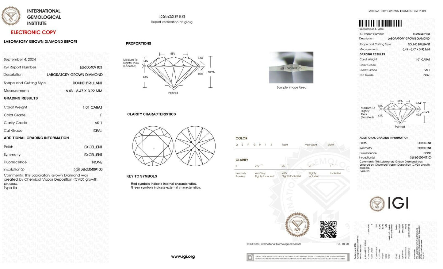 Round Cut 1.01 Cts IGI Certified Lab Grown CVD Diamond F Color VS1 Clarity