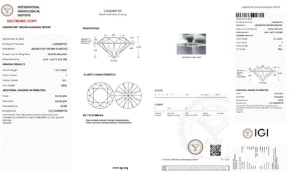 Round Cut 1.01 Cts IGI Certified Lab Grown CVD Diamond F Color VS1 Clarity