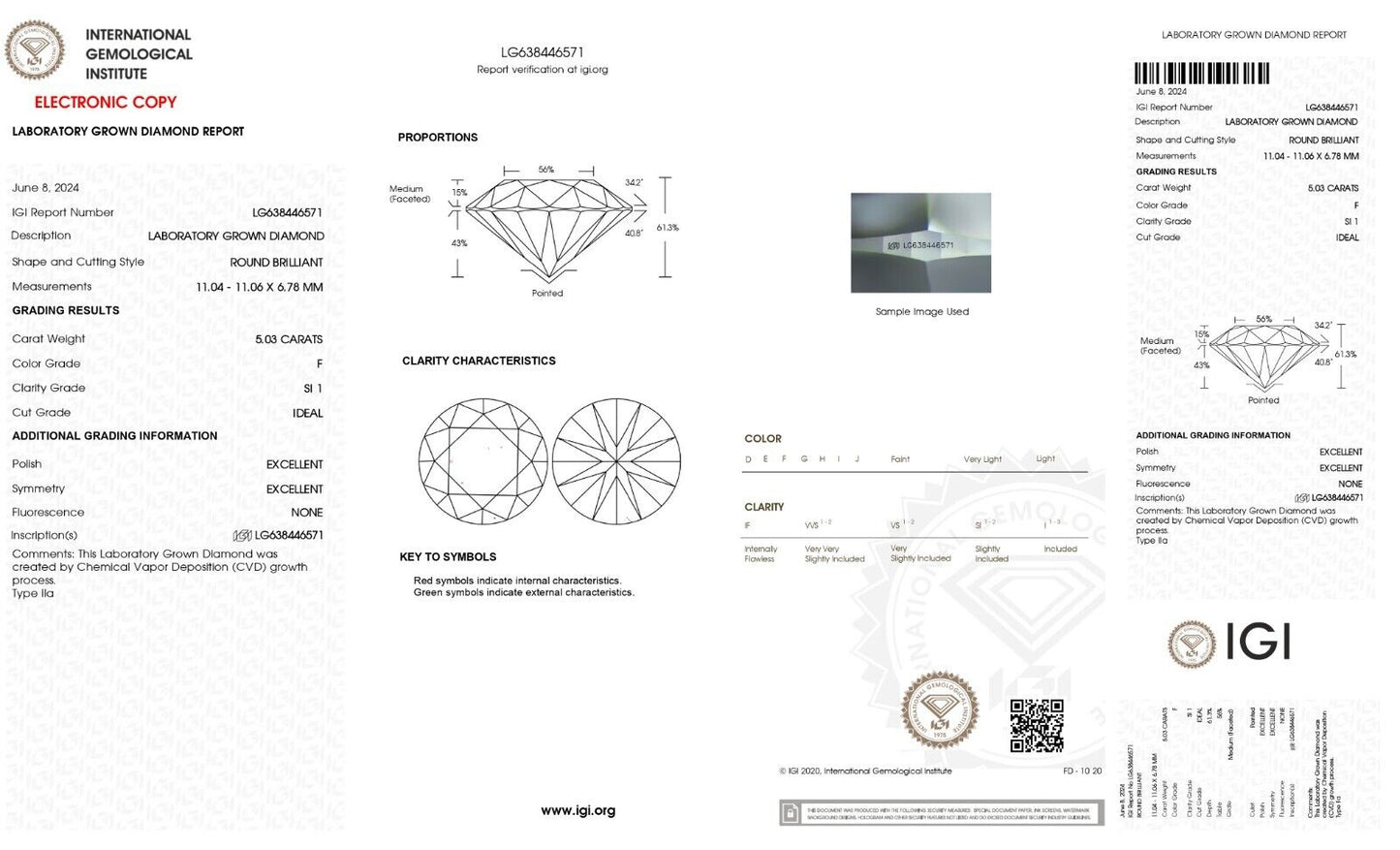 ROUND EXCELLENT CUT 5.03 CT F SI1 IGI CERTIFIED CVD LAB GROWN LOOSE DIAMOND