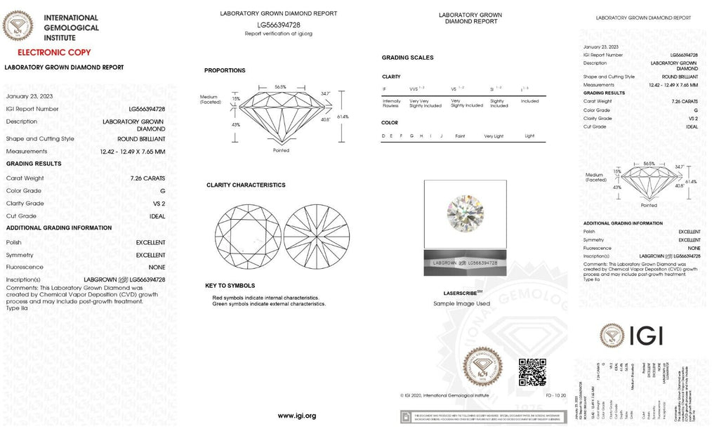 Lab Grown 7.26 Cts ROUND Cut IGI Certified CVD Diamond G Color VS2 Clarity STONE
