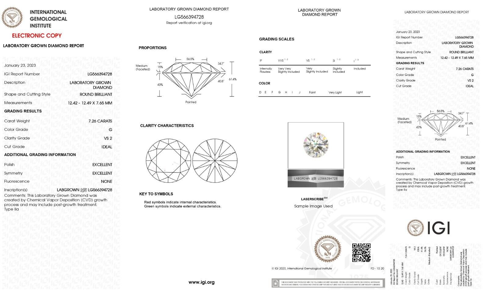 Lab Grown 7.26 Cts ROUND Cut IGI Certified CVD Diamond G Color VS2 Clarity STONE