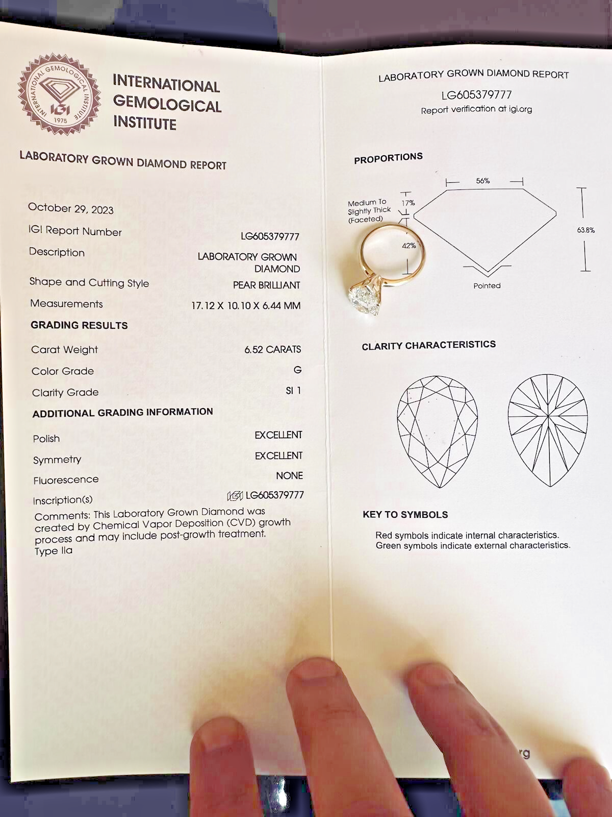 6.52 Ct Lab Grown Pear CVD Diamond G/H SI1-2 14k Yellow Gold Engagement Ring