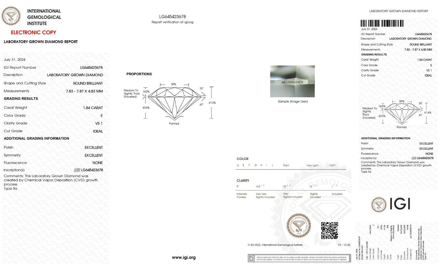 Lab Grown IGI CERTIFIED Loose CVD Diamond 1.84 Ct White-E Color VS1 Clarity