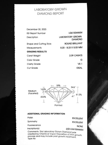 Solitaire Lab Grown Round Diamond Engagement Ring 2.09 Cts G VS1 14k White Gold