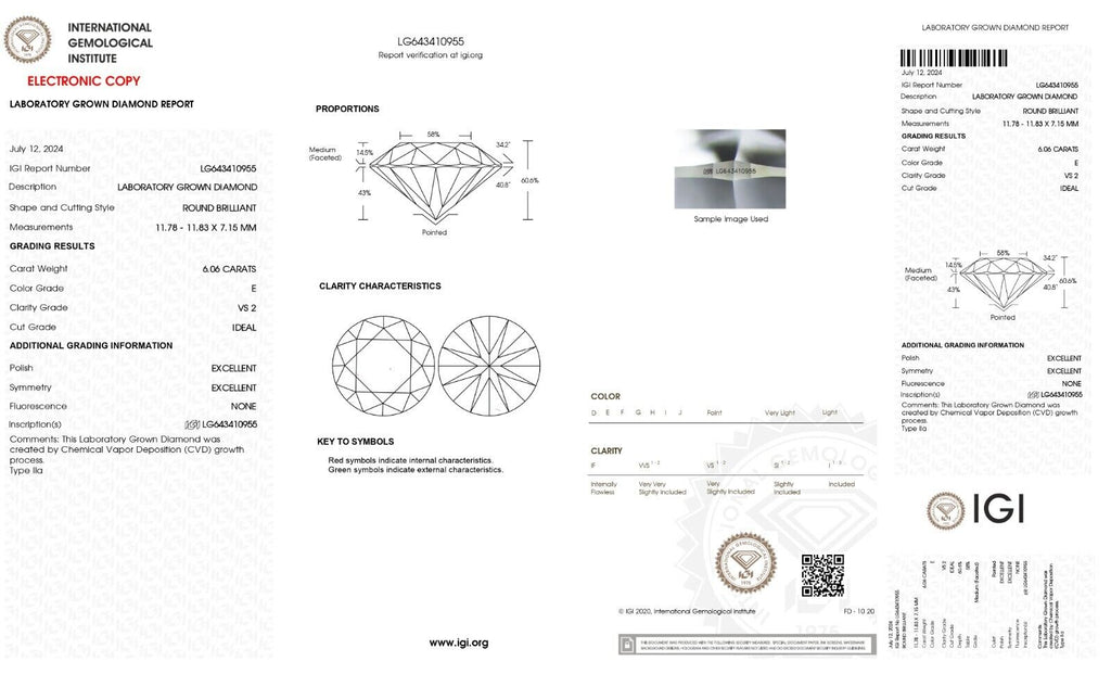 Lab Grown 6.06 Cts ROUND Cut IGI Certified CVD Diamond E Color VS2 Clarity STONE