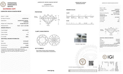 ROUND Cut 4.25 Ct Lab Grown IGI Certified CVD Diamond E Color VS2 Clarity