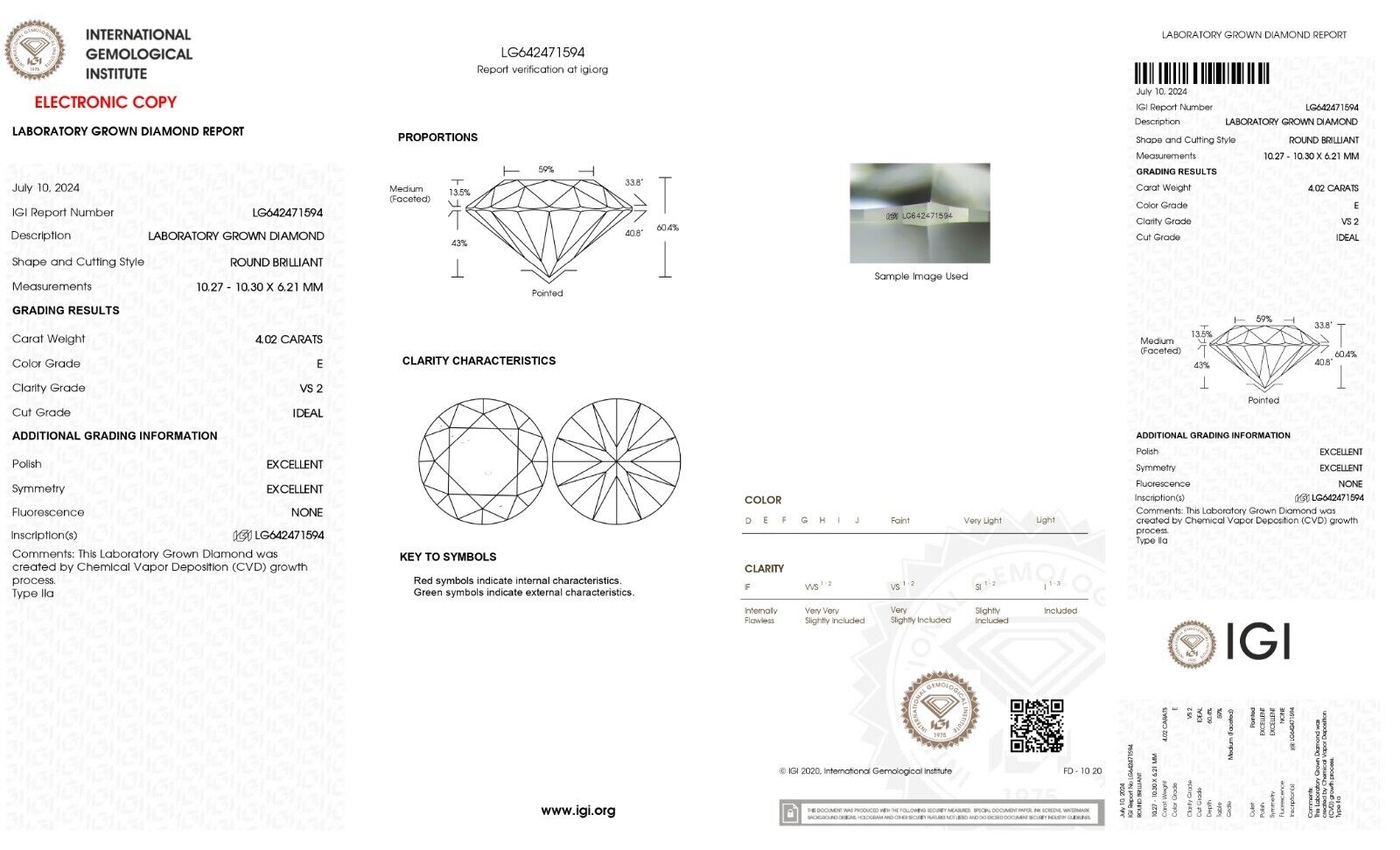 ROUND Cut 4.02 Ct Lab Grown IGI Certified CVD Diamond E Color VS2 Clarity