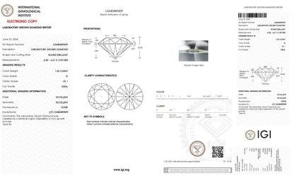 ROUND EXCELLENT CUT  1.06 CT G VS1 IGI CERTIFIED CVD LAB GROWN LOOSE DIAMOND