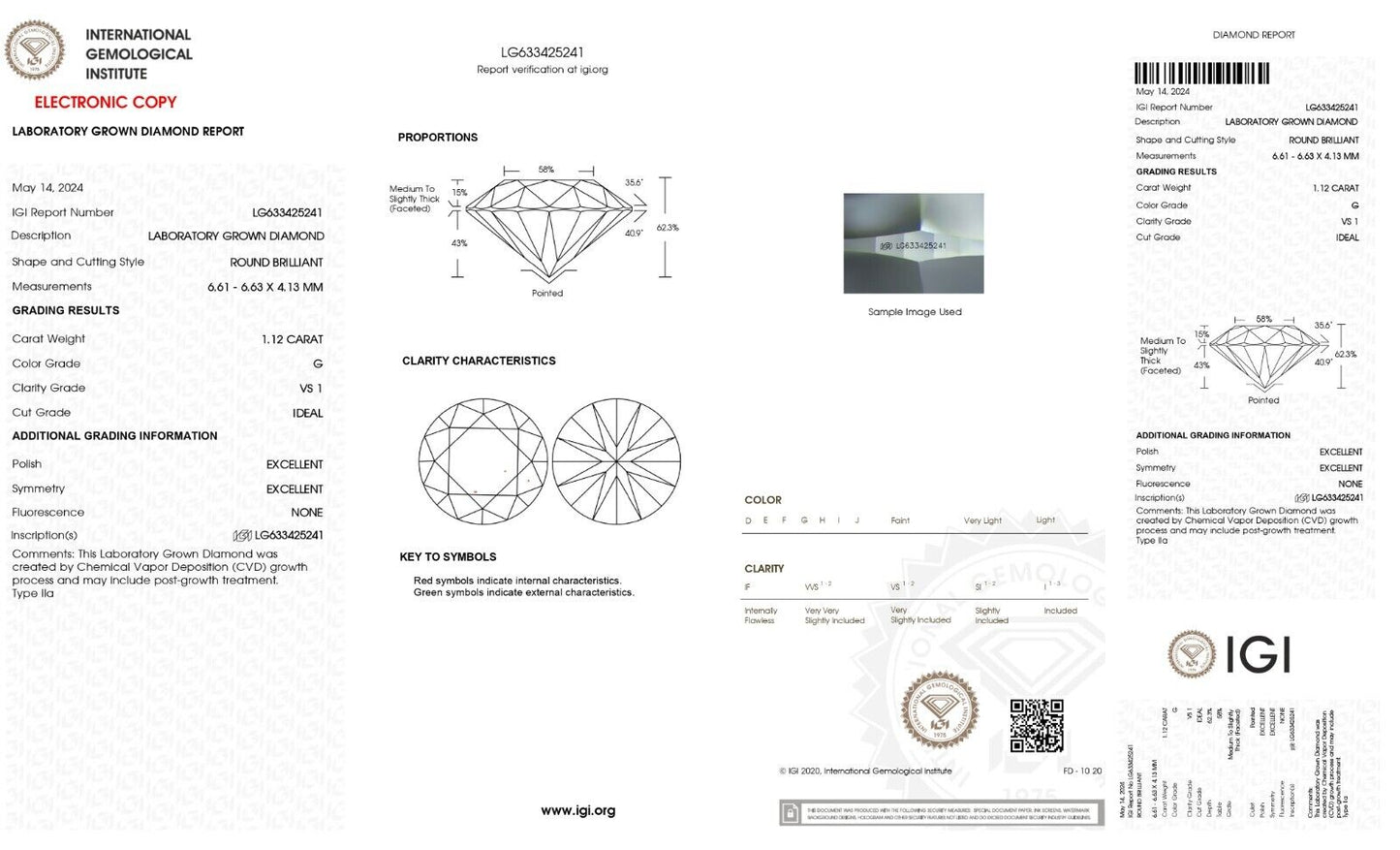 ROUND EXCELLENT CUT 1.12 CT G VS1 IGI CERTIFIED CVD LAB GROWN LOOSE DIAMOND