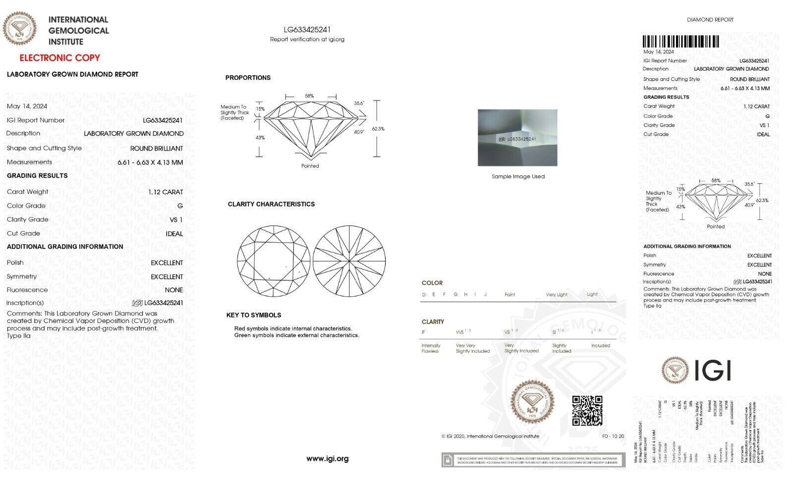 ROUND EXCELLENT CUT 1.12 CT G VS1 IGI CERTIFIED CVD LAB GROWN LOOSE DIAMOND