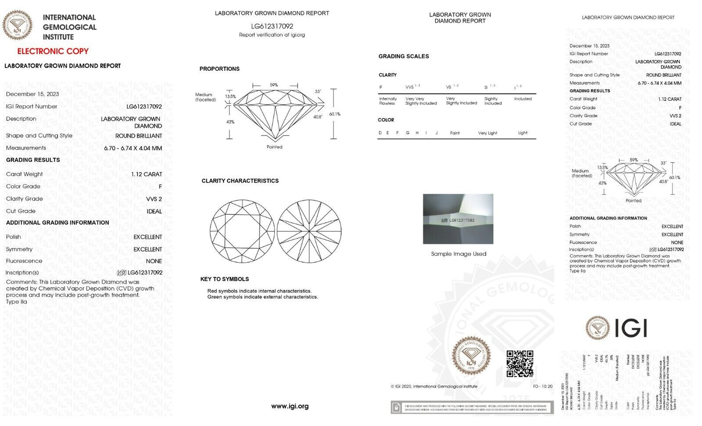 ROUND EXCELLENT CUT 1.12 Cts F VVS2 IGI CERTIFIED CVD LAB GROWN LOOSE DIAMOND