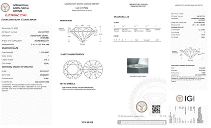 ROUND EXCELLENT CUT 1.12 Cts F VVS2 IGI CERTIFIED CVD LAB GROWN LOOSE DIAMOND