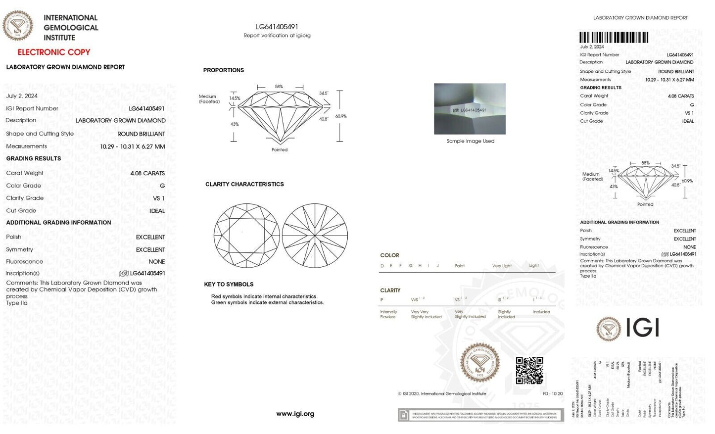 ROUND Cut 4.08 Ct Lab Grown IGI Certified CVD Diamond G Color VS1 Clarity