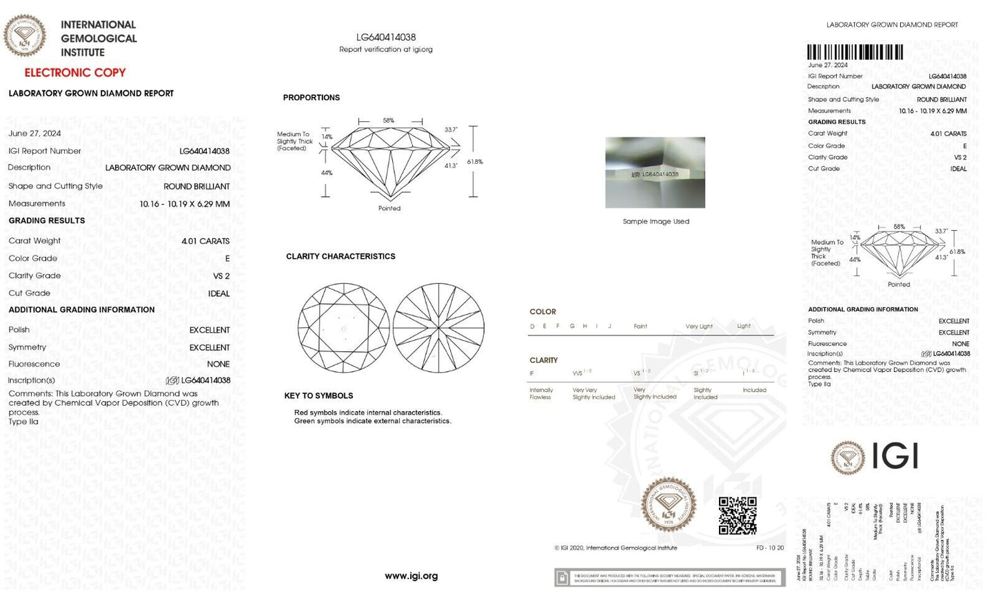 ROUND Cut 4.01 Ct Lab Grown IGI Certified CVD Diamond E Color VS2 Clarity