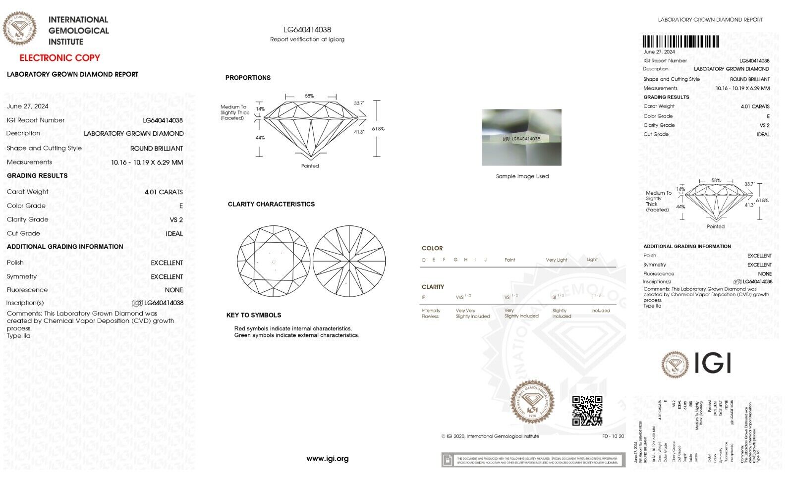 ROUND Cut 4.01 Ct Lab Grown IGI Certified CVD Diamond E Color VS2 Clarity