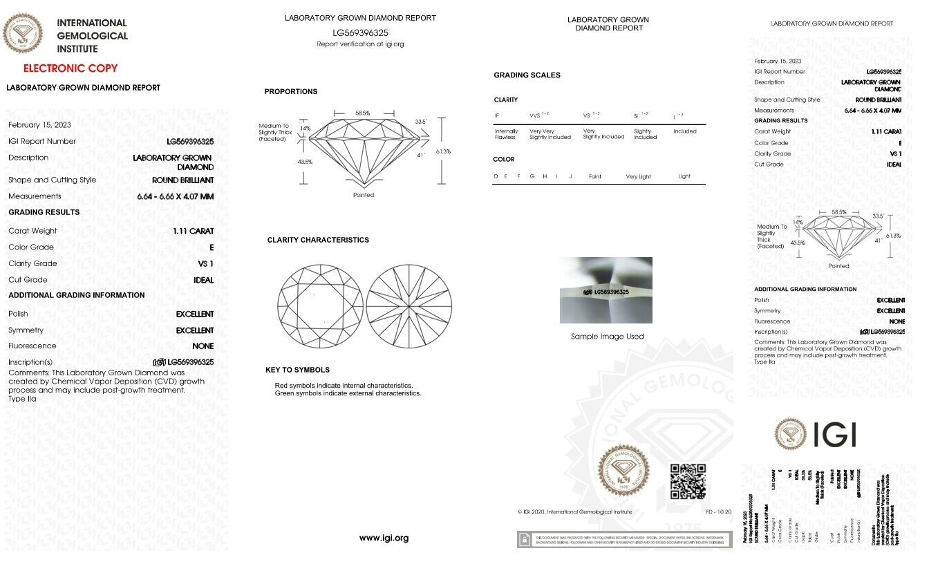 Round Excellent Cut 1.11 cts E VS1 IGI Certified CVD Lab Grown Loose Diamonds