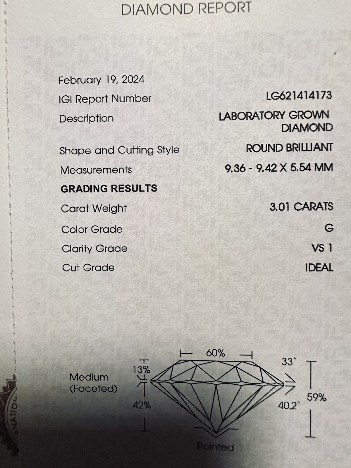 3.01 Ct Round 14 K Gold Ring With Lab Grown CVD Diamond G Color VS1 Clarity