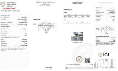 Round Cut 1.14 Cts IGI Certified Lab Grown CVD Diamond F Color VS1 Clarity