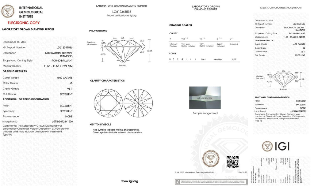 ROUND Cut Lab Grown 6.02 Cts IGI Certified CVD Diamond G Color VS1 Clarity STONE