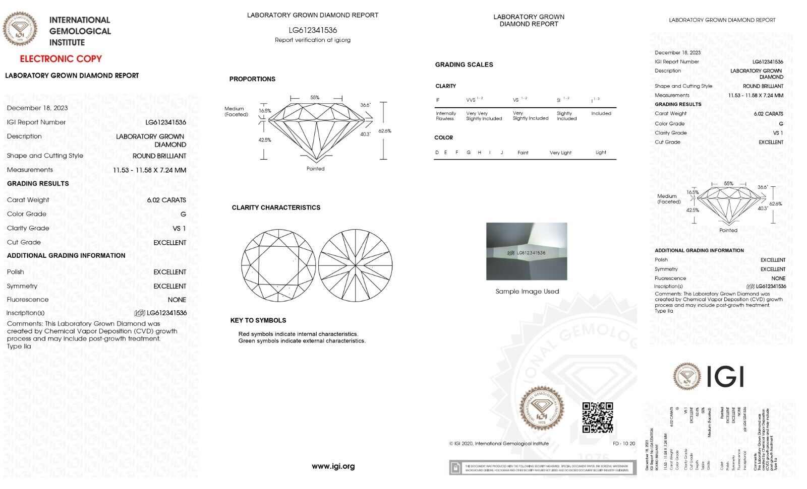 ROUND Cut Lab Grown 6.02 Cts IGI Certified CVD Diamond G Color VS1 Clarity STONE