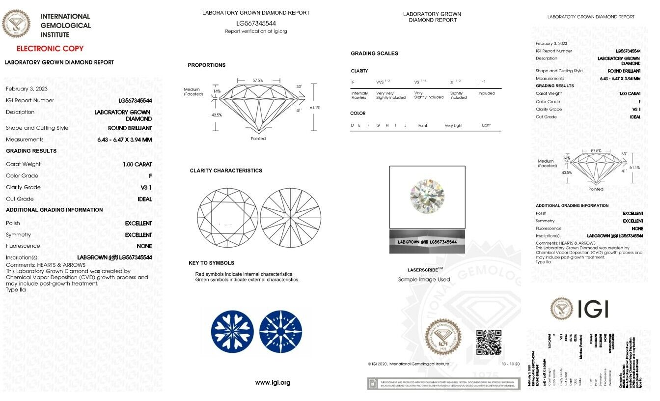 LOOSE Diamond 1.00 Ct IGI Certified CVD F VS1 Lab Grown ROUND EXCELLENT CUT