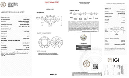 Lab Grown Diamond 1.50 CARET STONE- ROUND SHAPE  -VS1 -I COLOUR - IGI CERTIFIED