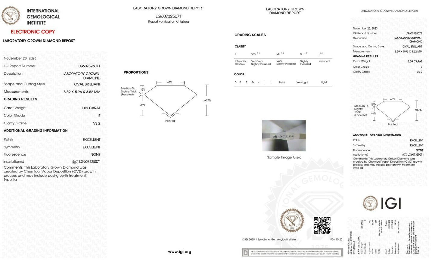 OVAL Cut Lab Grown 1.09 Cts IGI Certified CVD Diamond E Color VS2 Clarity